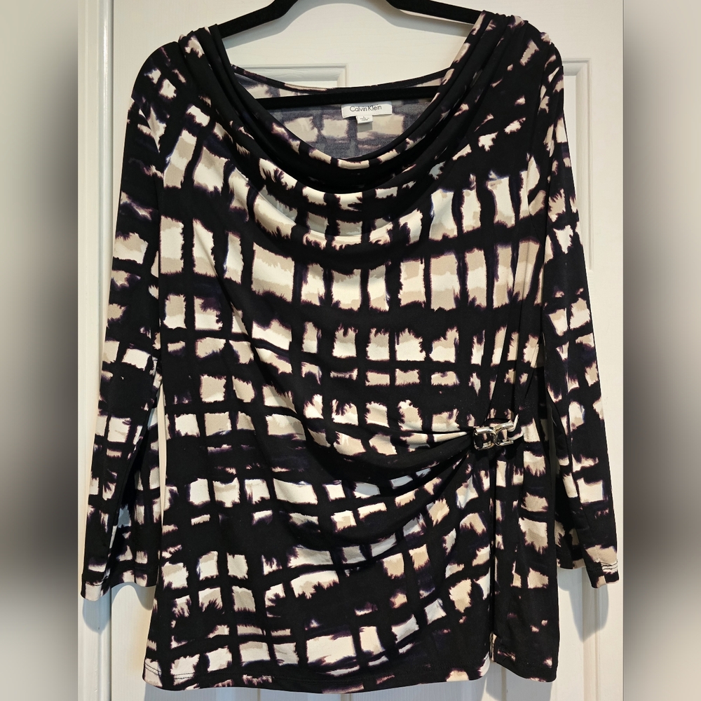 Women's black Calvin Klein  3/4 Sleeve Cowl Neck Blouse Silver Tone Accent Sz Lg